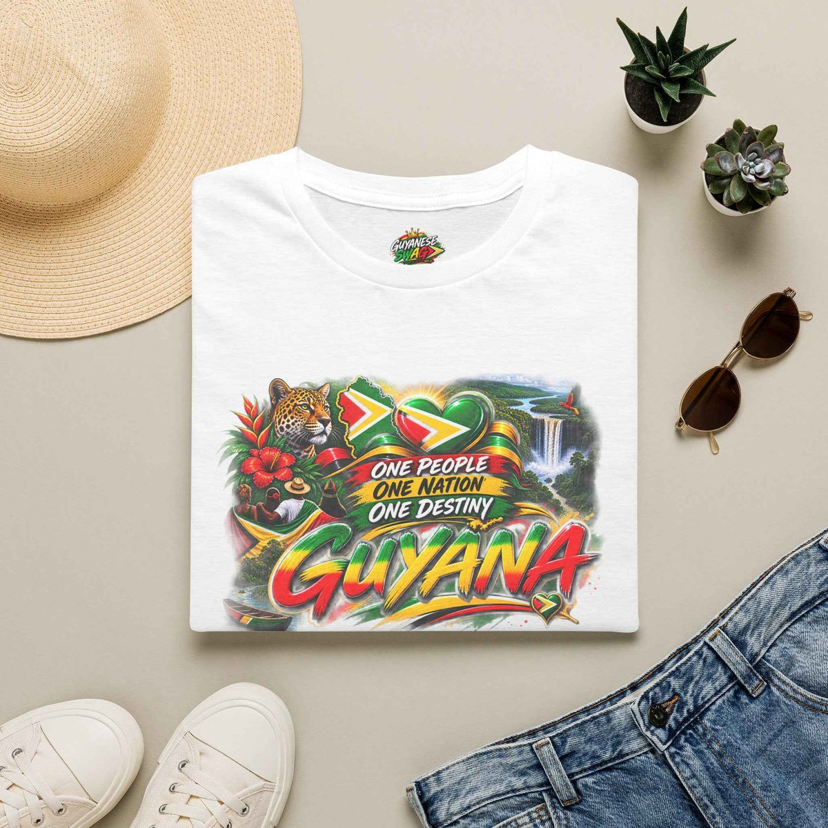 One People One Nation One Destiny Guyana T-Shirt, white shirt folded view