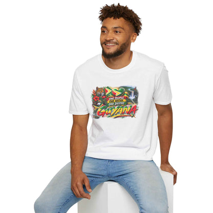 One People One Nation One Destiny Guyana T-Shirt, white shirt seated alternate view