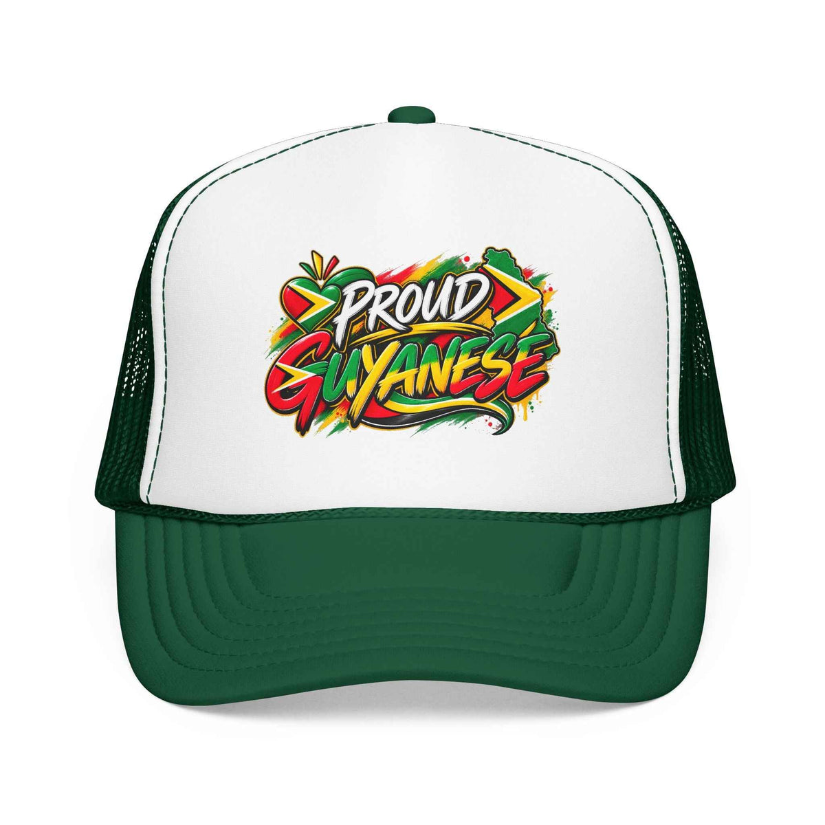 Proud Guyanese Foam Trucker Hat in Kelly, back closure view