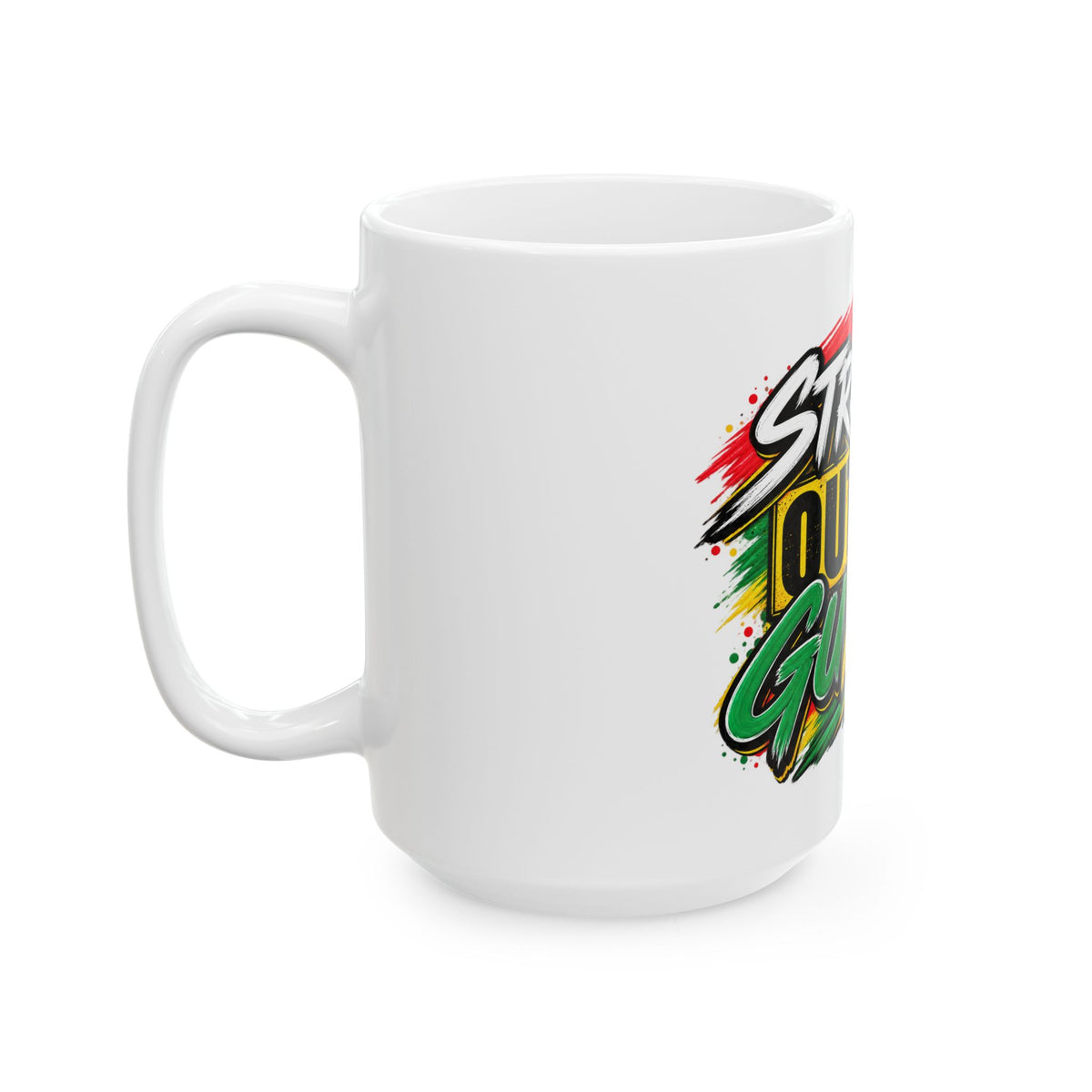 Straight Outta Guyana Ceramic Mug, mug shown on a table