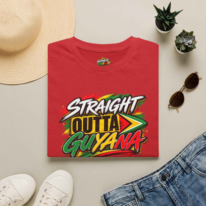 Straight Outta Guyana Unisex T-Shirt in Red, red shirt folded view