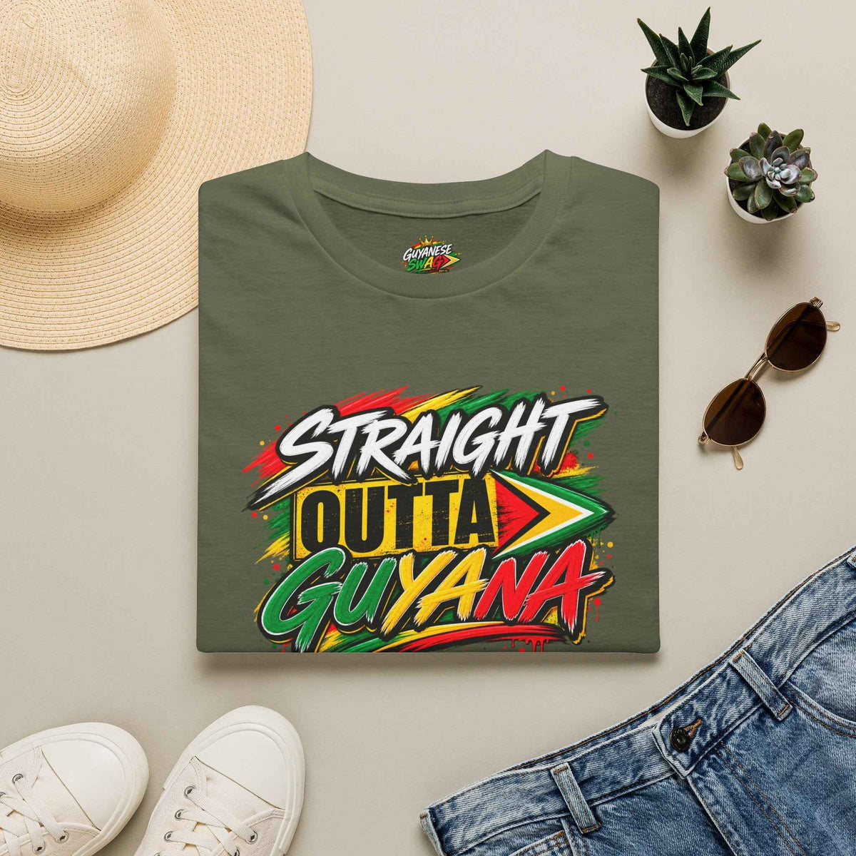Straight Outta Guyana Unisex T-Shirt, white shirt folded view