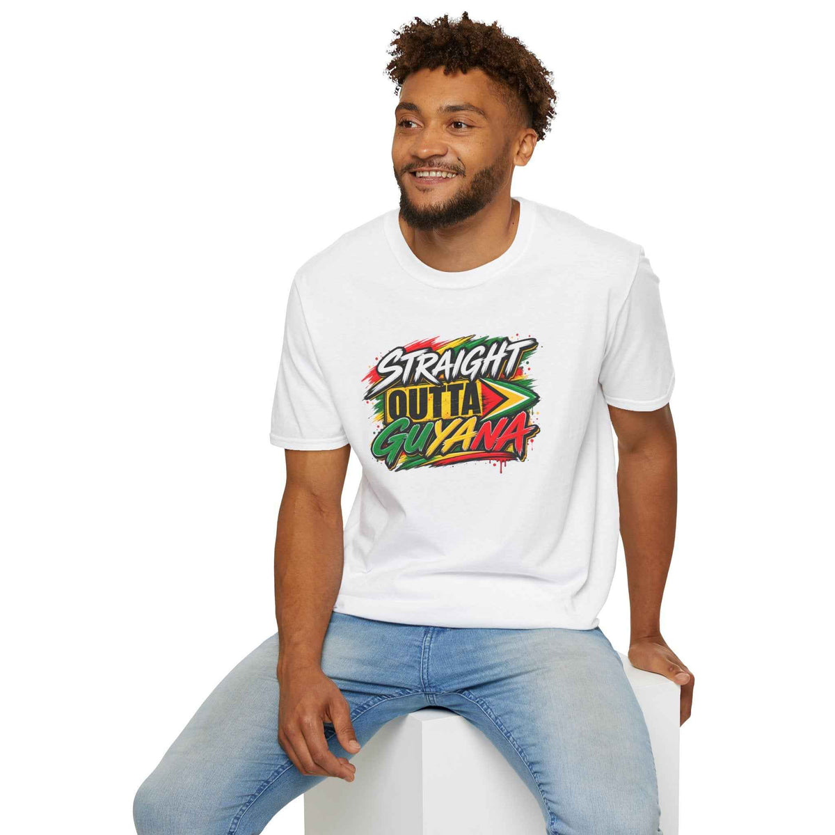 Straight Outta Guyana Unisex T-Shirt, black shirt seated alternate view