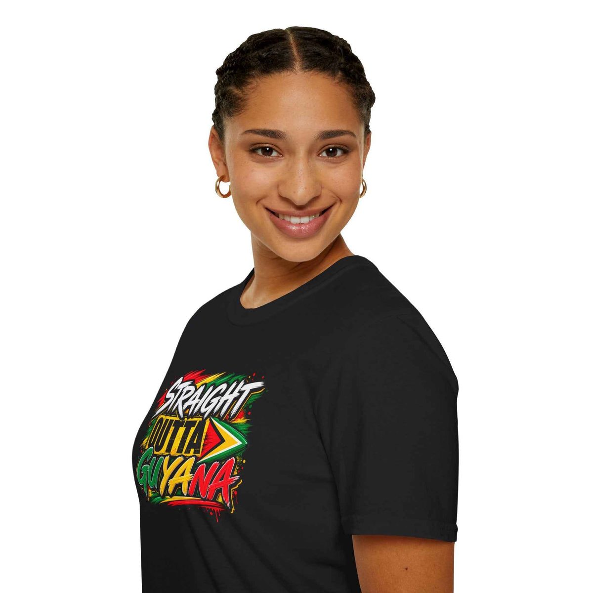 Straight Outta Guyana Unisex T-Shirt, green shirt modeled view