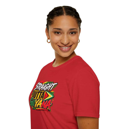 Straight Outta Guyana Unisex T-Shirt, red shirt modeled view