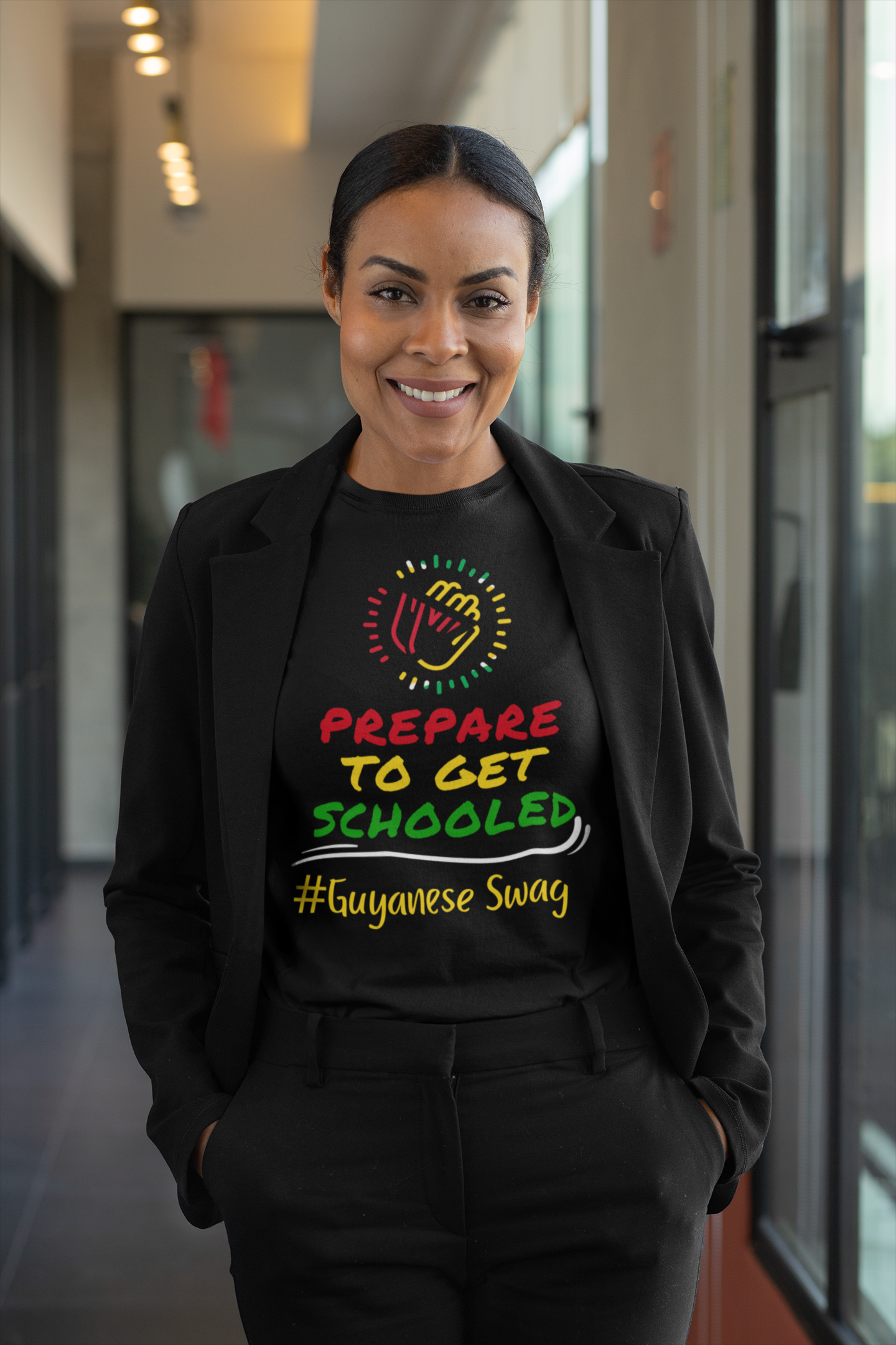 Guyanese Swag Prepared to Get Schooled Woman's Black Softstyle Tee with Guyana Flag.