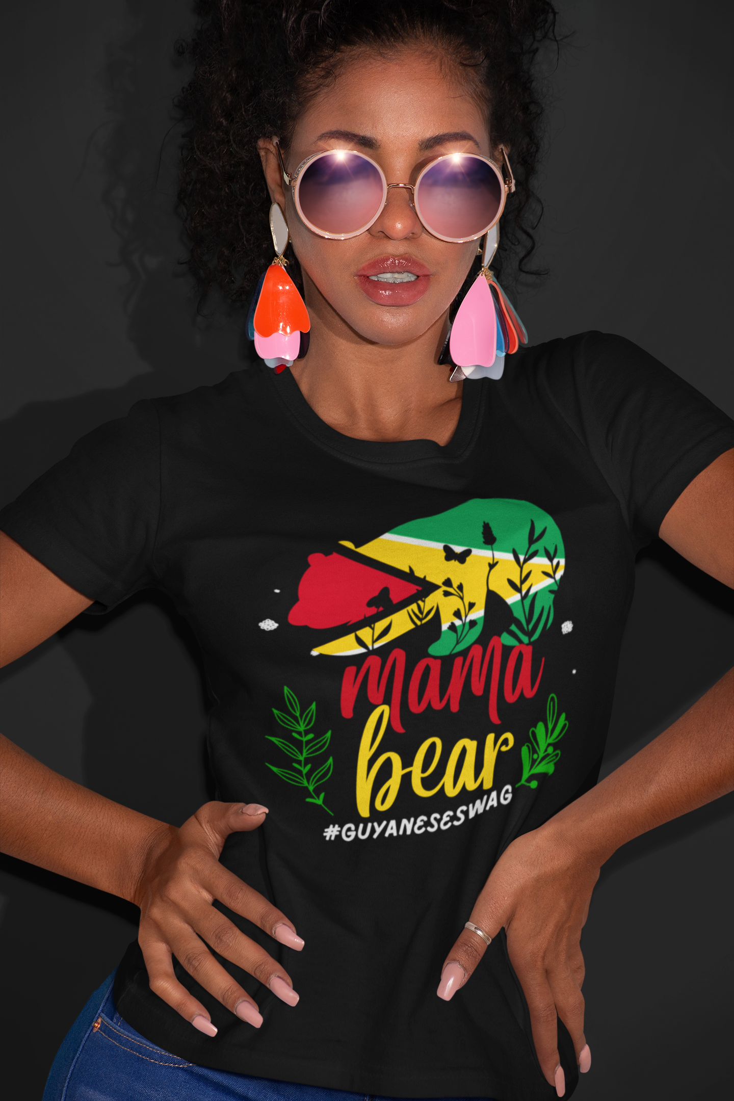 "Guyana Flag Mama Bear" Black Soft style Women Short Sleeve T-Shirt by Guyanese Swag
