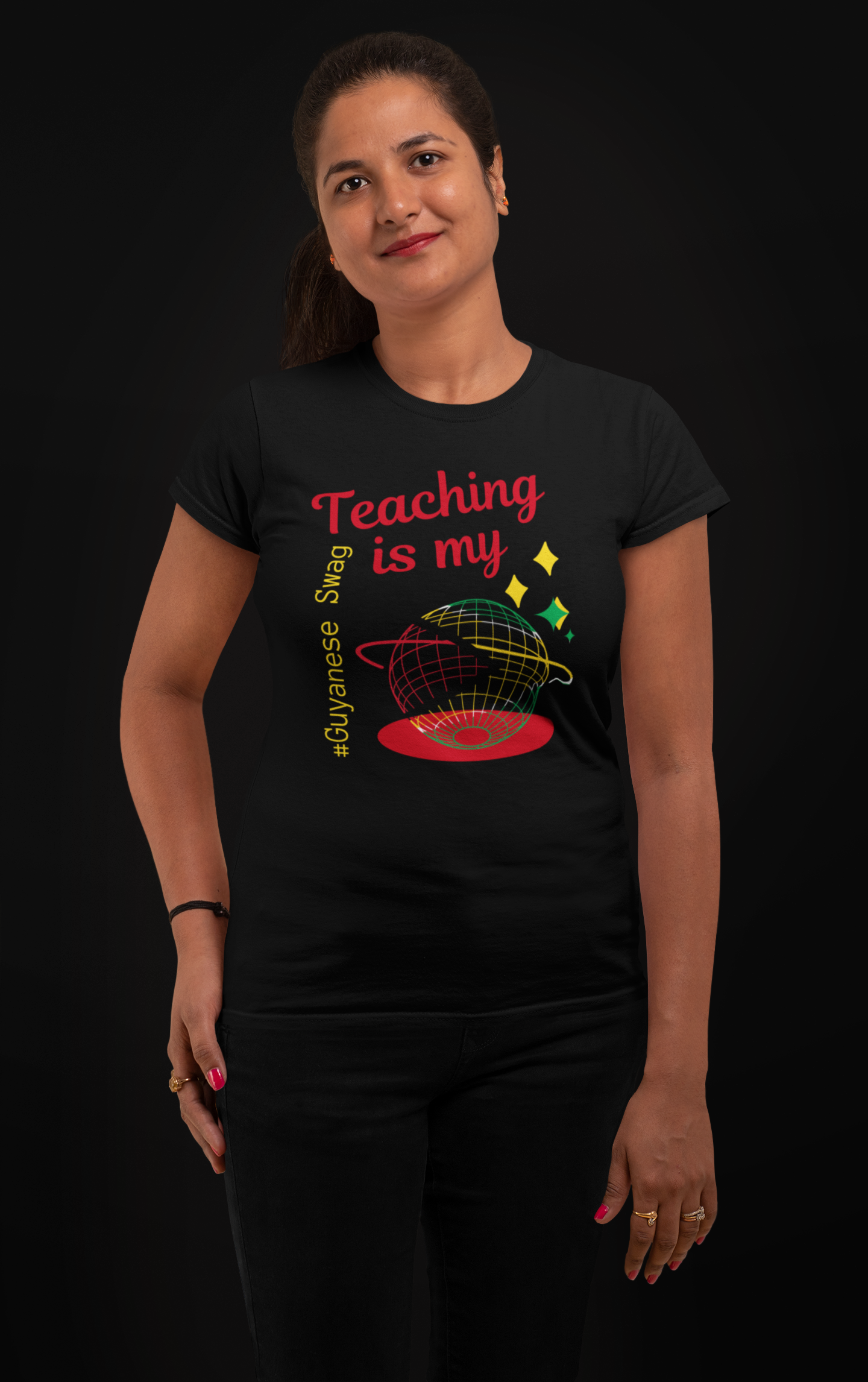 "Teaching is My World" Woman's Black Softstyle Tee with Guyana Flag Globe.