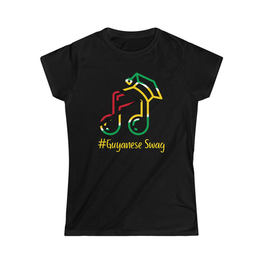 Guyanese Swag Music Education Woman's Black Softstyle Tee with Guyana Flag.