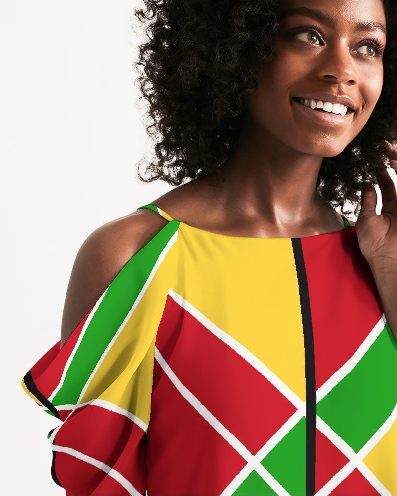 Guyanese Swag Ice Gold Green Women's Open Shoulder A-Line Dress