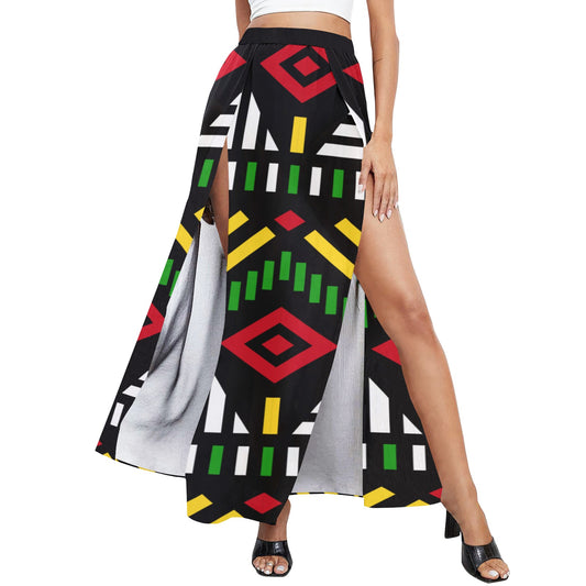 Ice Gold & Green High Slit Long Beach Skirt by Guyanese Swag - Chiffon Women's Resort Wear
