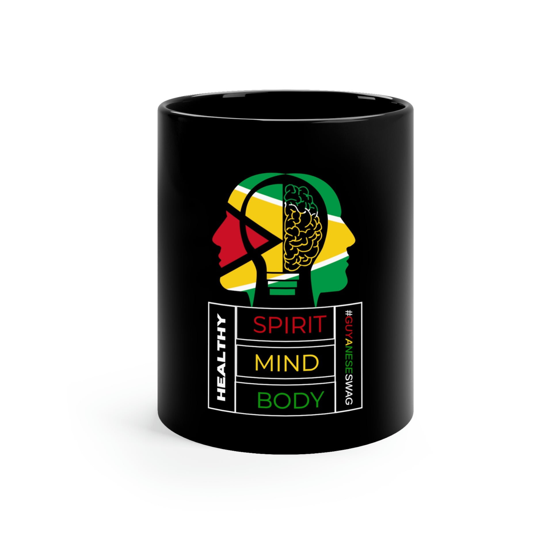 "Healthy Spirit Mind Body" 11oz Black Mug by Guyanese Swag.