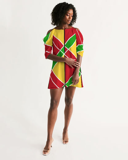 Guyanese Swag Ice Gold Green Women's Open Shoulder A-Line Dress