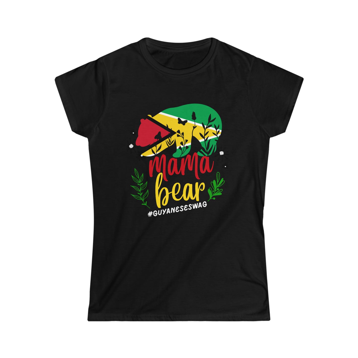 "Guyana Flag Mama Bear" Black Soft style Women Short Sleeve T-Shirt by Guyanese Swag