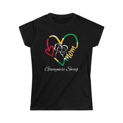 "Heart Mom Guyana Flag" Black Soft style Women Short Sleeve T-Shirt by Guyanese Swag