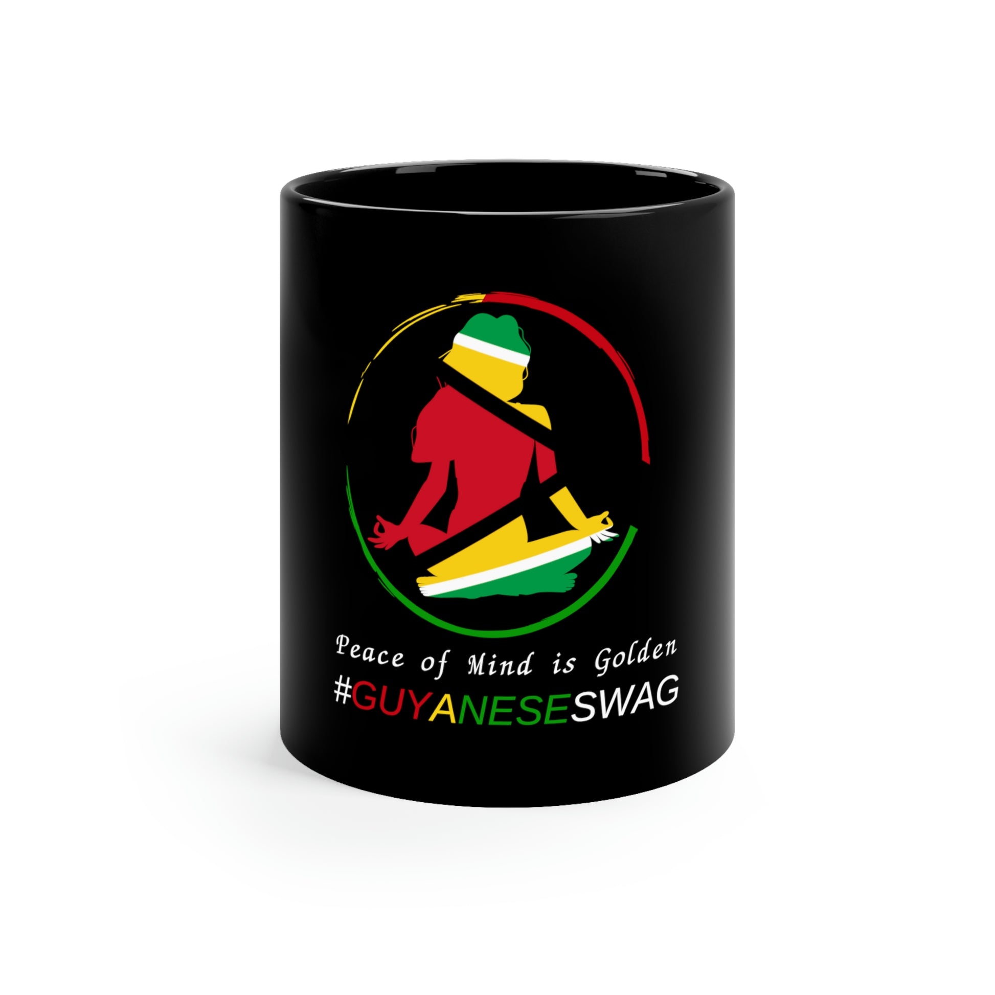 "Peace of Mind is Golden" 11oz Black Mug by Guyanese Swag.
