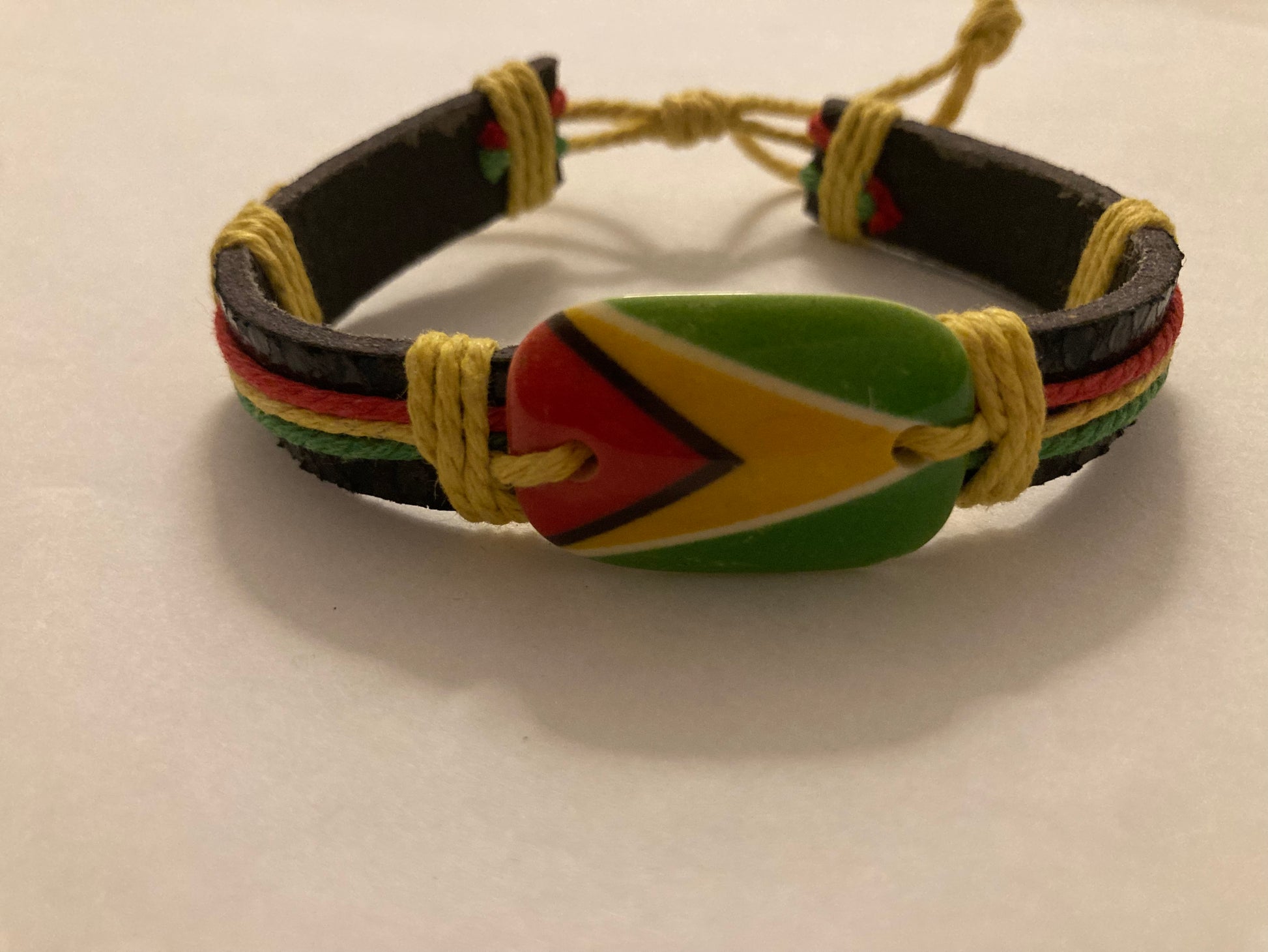 Guyana Flag Leather Draw String Bracelet.